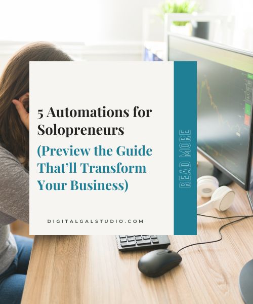 Computer with charts and text: ‘5 Automations for Solopreneurs – Preview the Guide That’ll Transform Your Business.